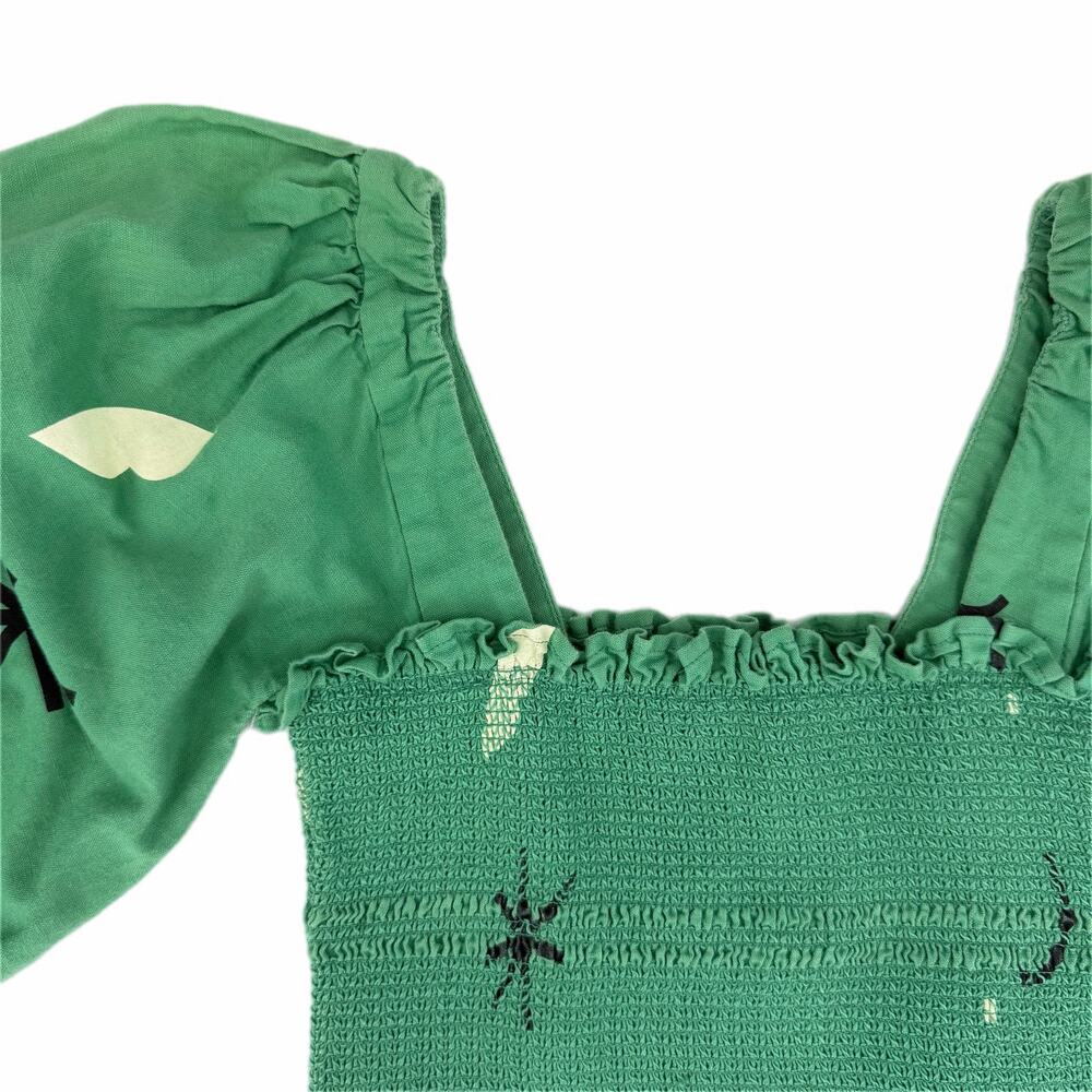 Capulet Gracia Smocked Puffed Sleeve Linen Cotton Green Carnivale Print Crop Top - Picture 9 of 13